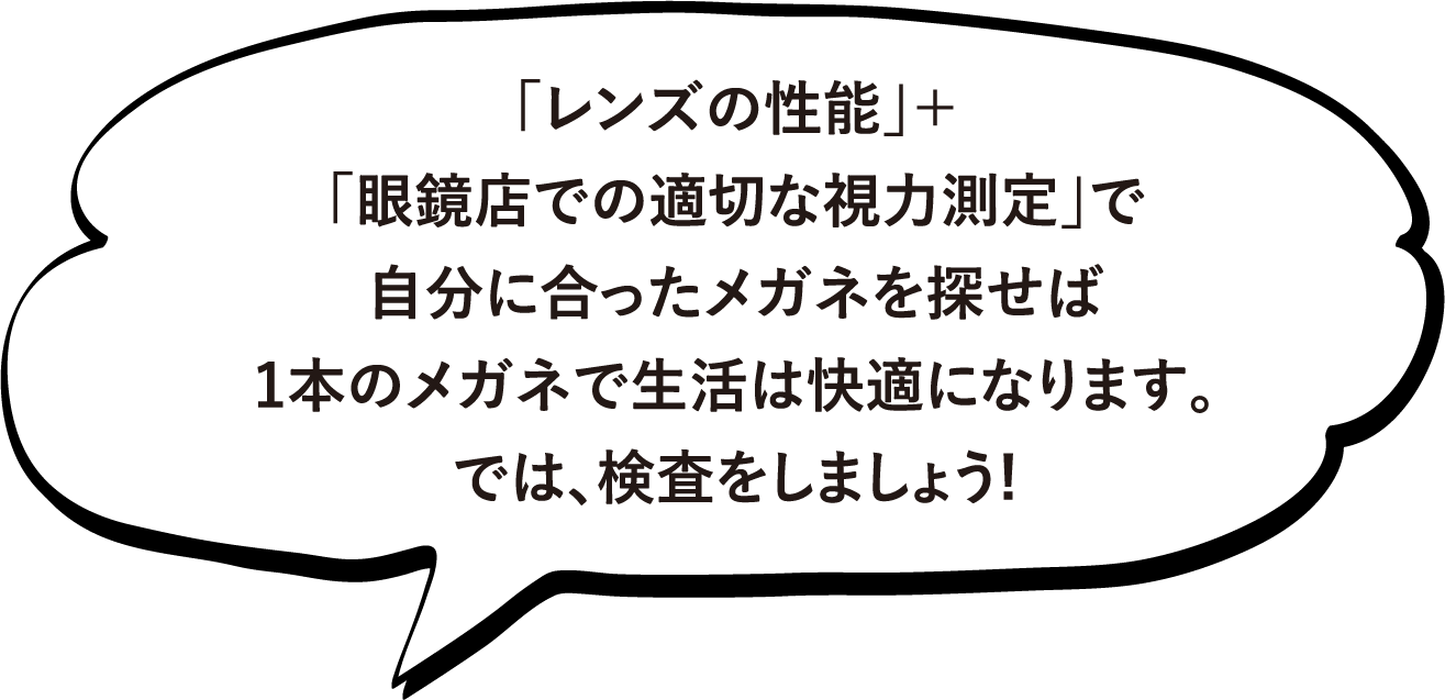 「レンズの性能」+「眼鏡店での適切な視力測定」で自分に合ったメガネを探せば1本のメガネで生活は快適になります。では、検査をしましょう!
