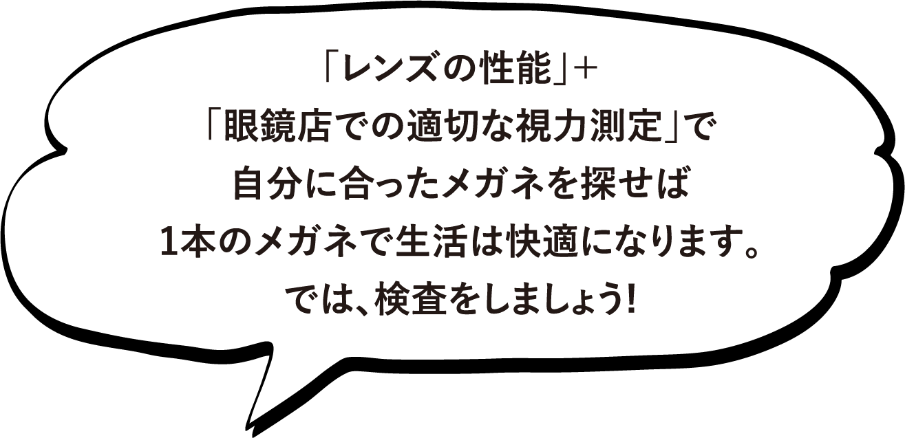 「レンズの性能」＋「眼鏡店での適切な視力測定」で自分に合ったメガネを探せば1本のメガネで生活は快適になります。では、検査をしましょう!